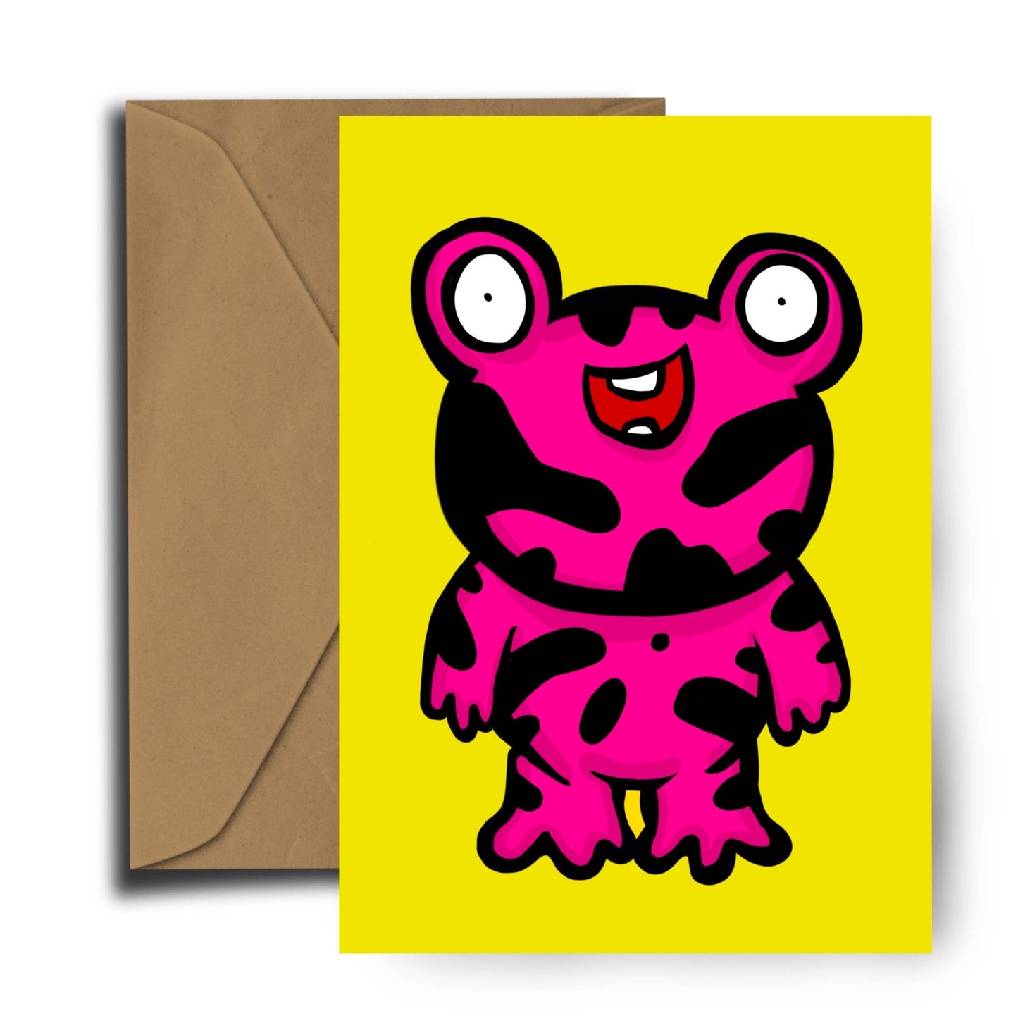 Steve the Monster A6 greeting card with a playful green monster illustration, accompanied by a brown recycled kraft envelope, displayed on a natural background.