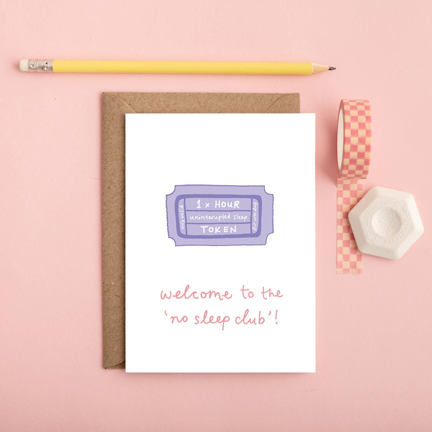 Humorous 'No Sleep Club' new baby greeting card with a sleeping baby illustration and Kraft envelope