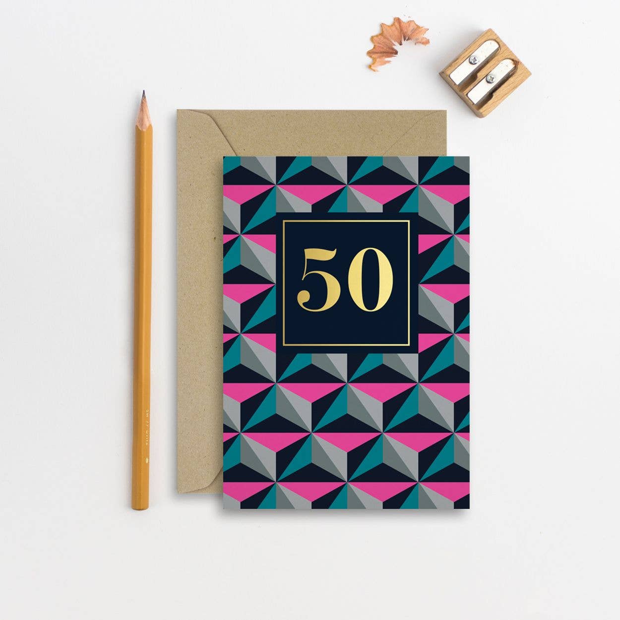 Age 50 Birthday Card with Retro Pattern and Gold Foil Accents
