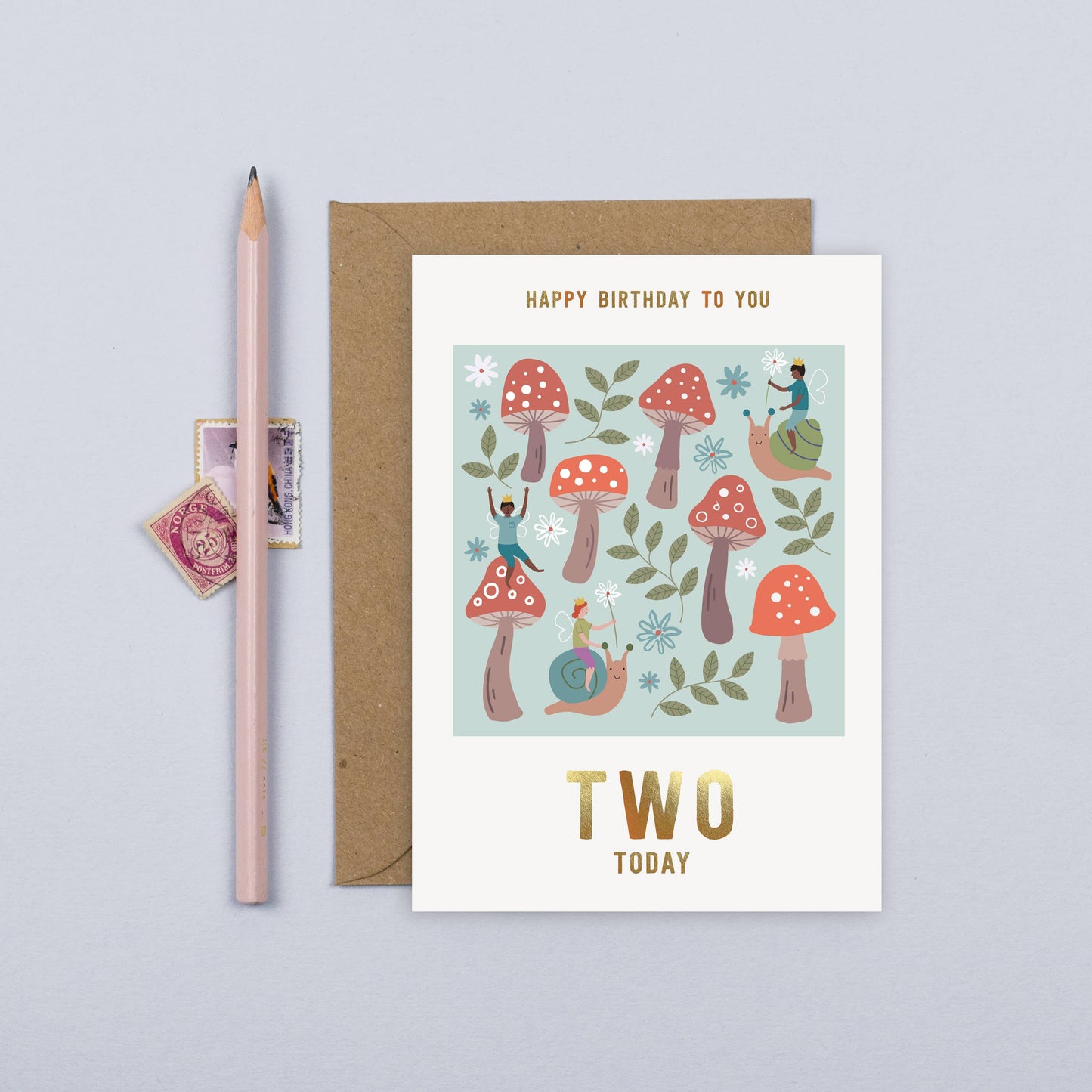 Whimsical Toadstool 2nd Birthday Card with Gold Foil & Kraft Envelope
