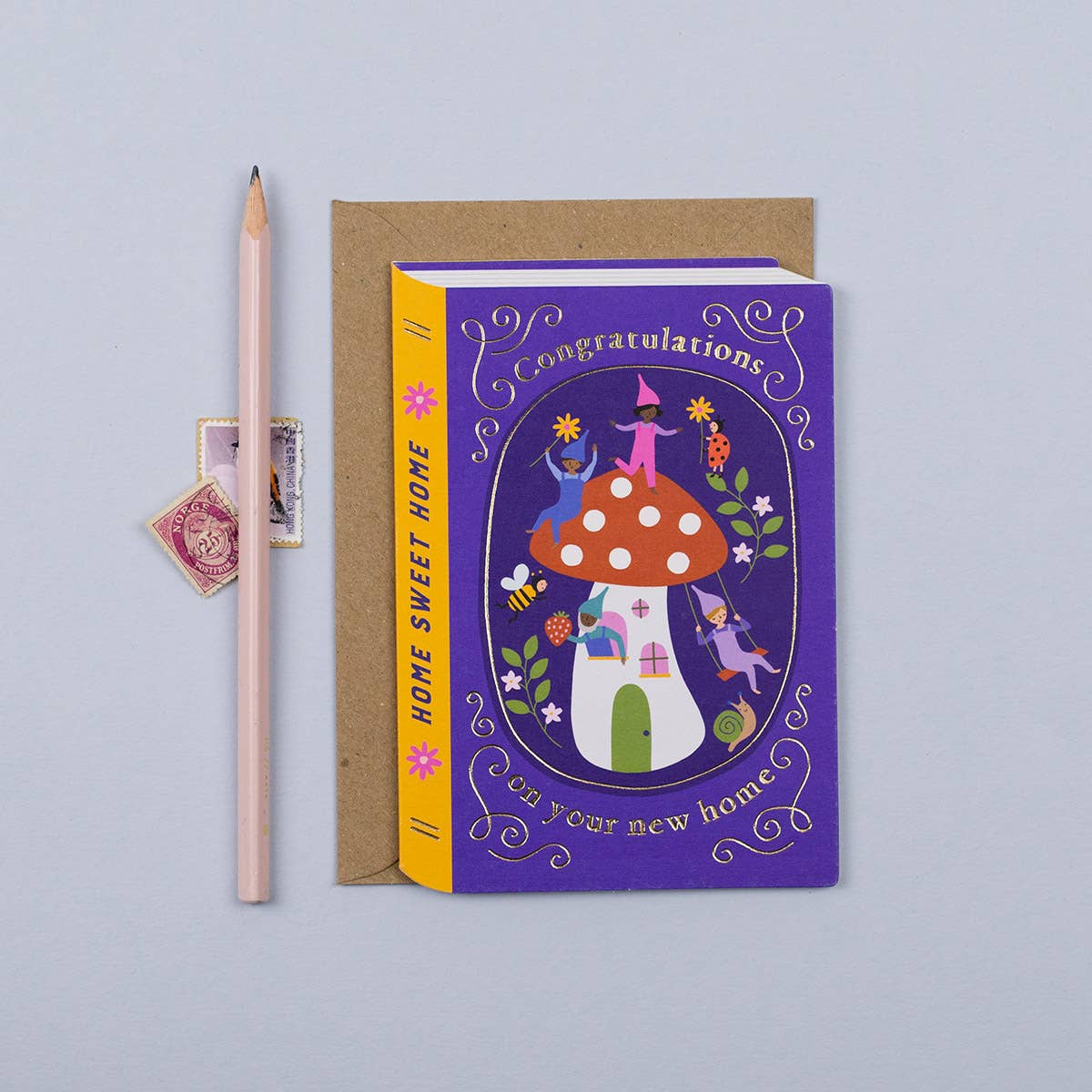 Mushroom House New Home Card with Gnomes and Gold Foil | Sustainable UK Made Housewarming Card