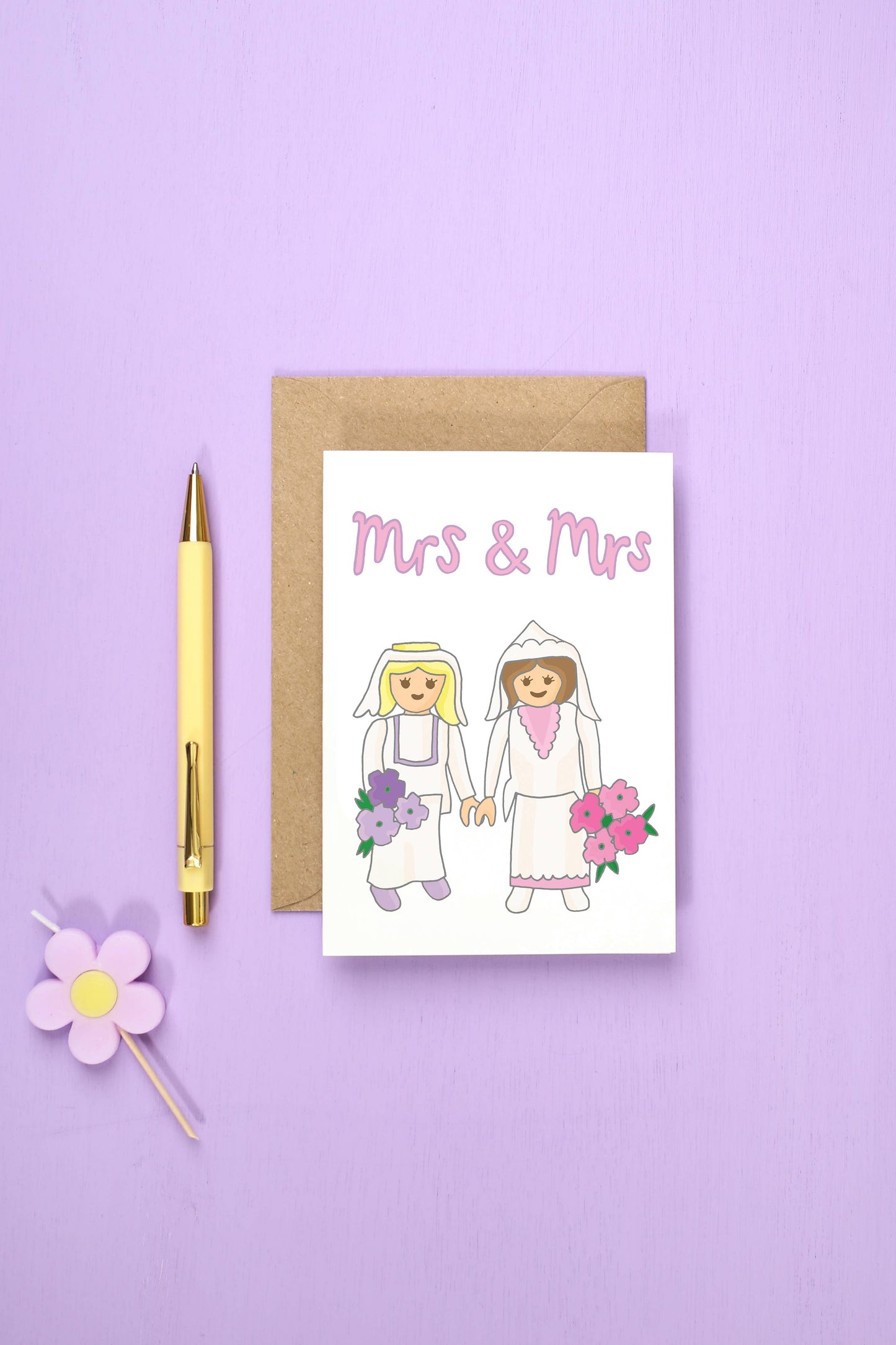 Mrs and Mrs wedding greeting card with playmobil couple design, sustainably sourced paper, Kraft envelope