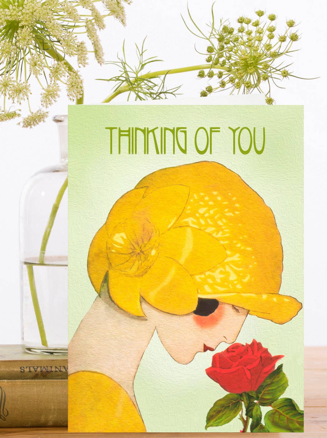 Eco-friendly 'Thinking of You' greeting card with vintage design and ivory envelope from Forget Me Not & Green.