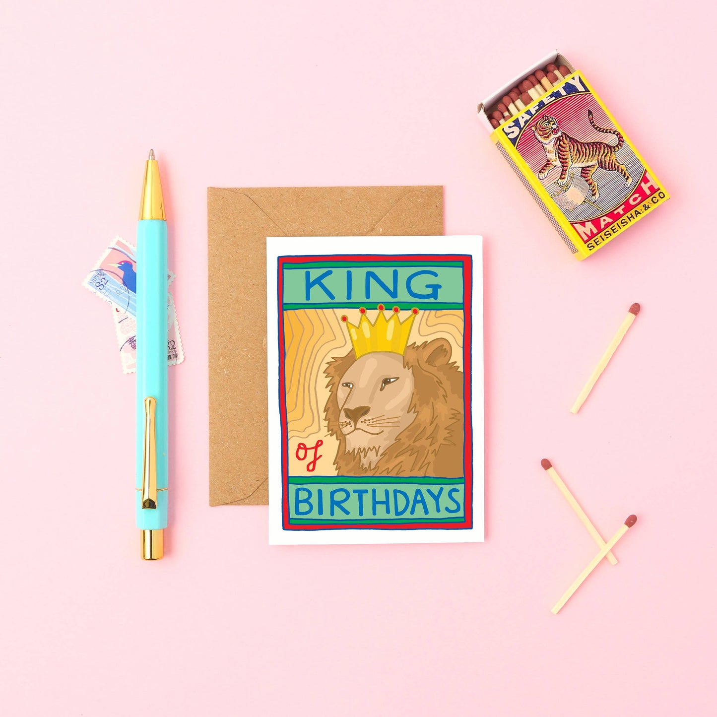 King of Birthdays mini card featuring a regal lion in a crown. A7 size, sustainably sourced, with a vintage matchbox feel.