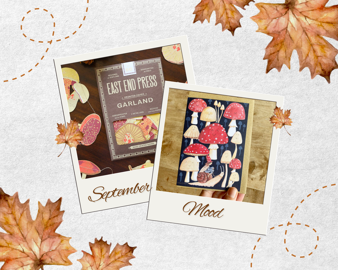 Autumn image of Toadstools and leaves with the words September Mood