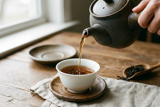 Tea poured from a ceramic tea pot into a cup