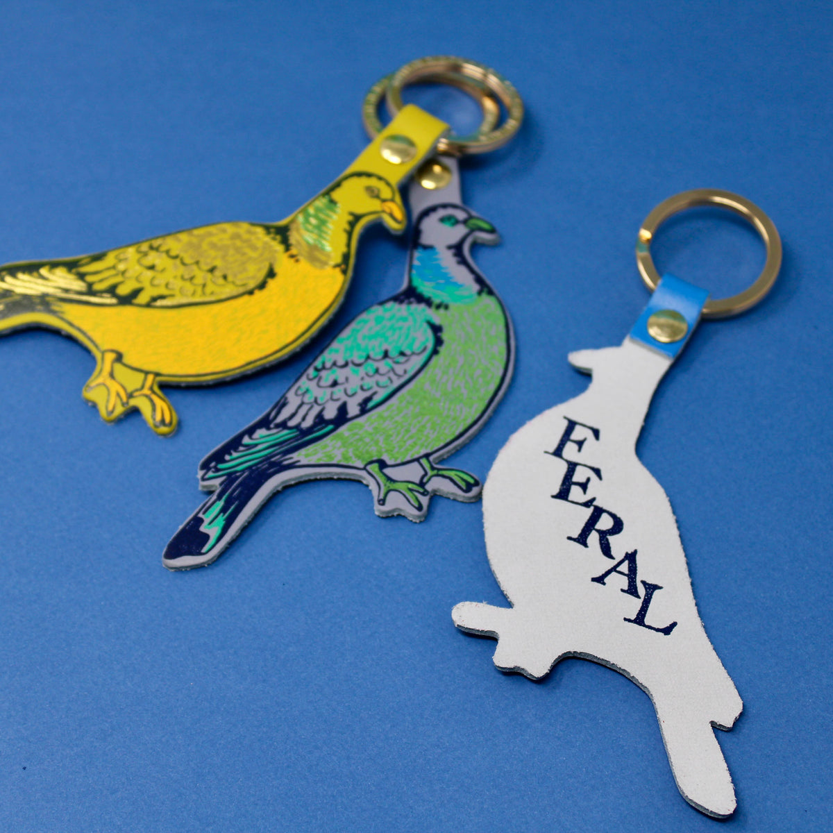 Feral Pigeon Leather Key Fob with 'feral' embossing on reverse