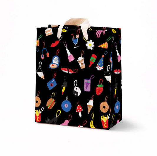 Medium black gift bag with colourful lucky charm illustrations by Carolyn Suzuki, printed on sustainable paper, size W220mm x D100mm x H242mm