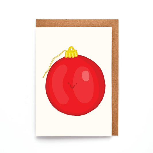 Mini red bauble Christmas greeting card with a smiling face