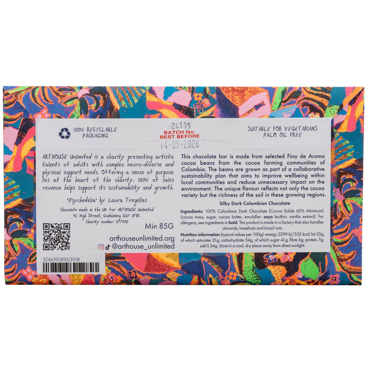 Psychodelia silky dark Colombian chocolate bar with vibrant purple artwork by Laura Tregellas, wrapped in recyclable packaging.