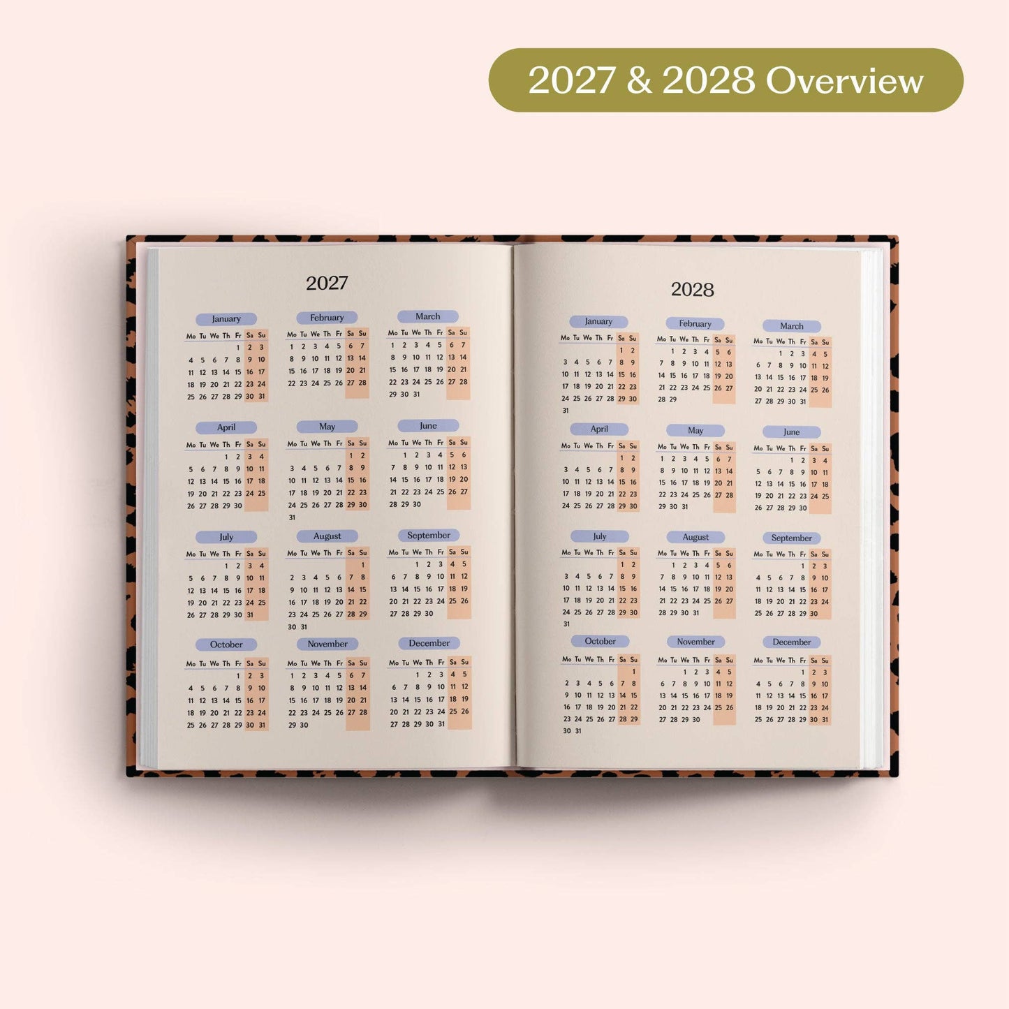 Inside view of 2027 A5 Leopard Diary showing week to view layout