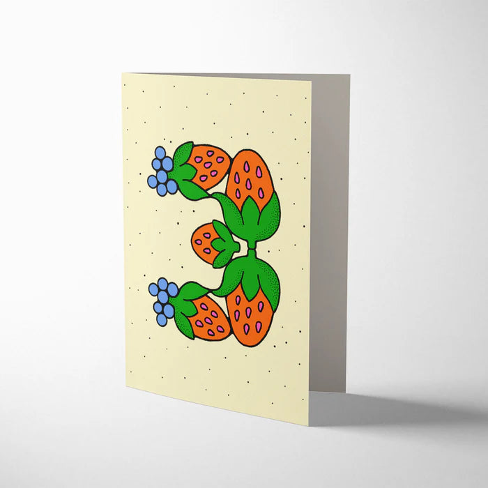 Age 3 Colourful Strawberry Birthday Card by Bailey Crouch with fluoro pink envelope