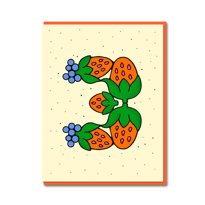 Close up of Age 3 strawberry themed colourful kids birthday card