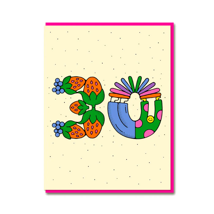 Close up of the sustainably sourced Age 30 Colourful Birthday Card