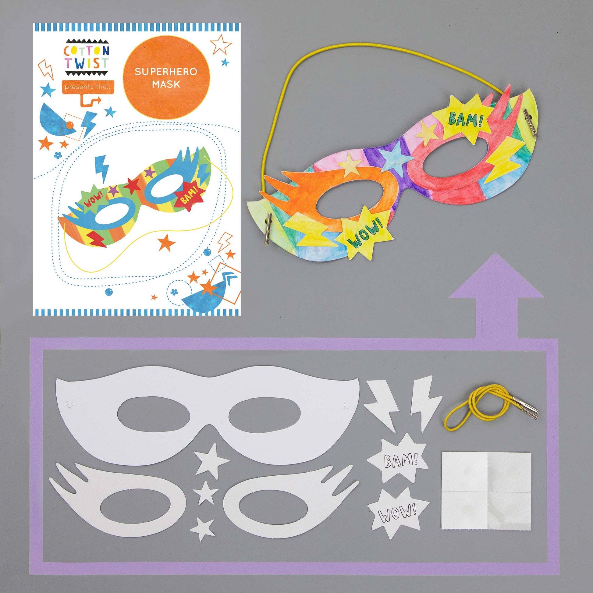 Children can use the mask base &amp; cut-outs to embellish their masks and create their favourite superhero mask. Colour in your mask &amp; accessories, attaching them with the glue dots, then it's time to show family &amp; friends your special powers! 