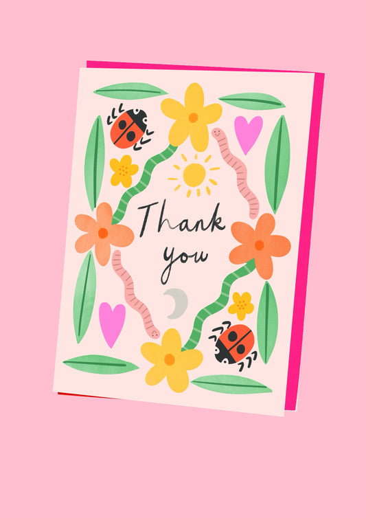 Eco-friendly thank you card with pretty flowers and ladybird, exclusive Kitty Kenda Papergoods, 300gsm sustainable card.