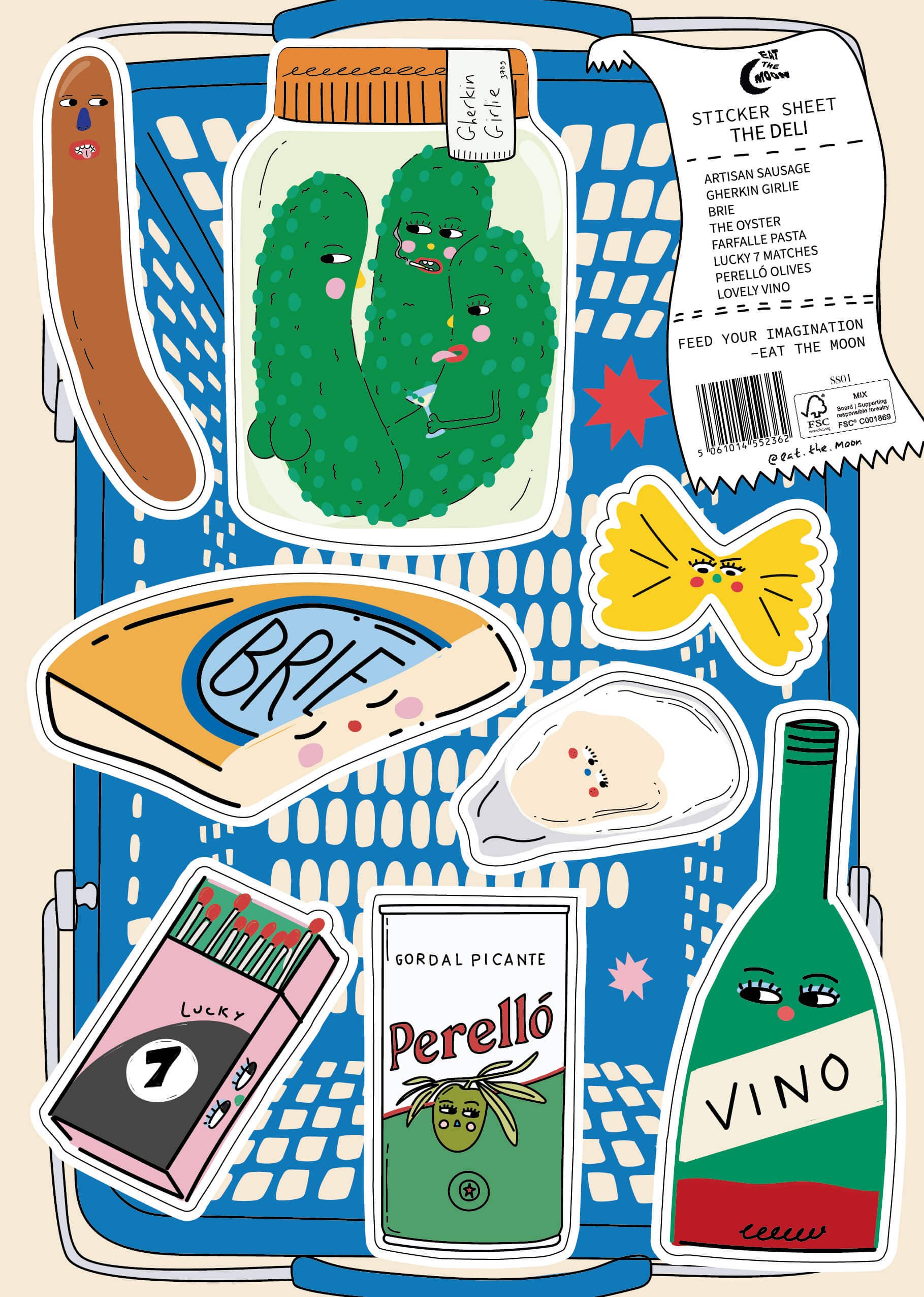 Eat the Moon The Deli A5 Sticker Sheet with illustrated deli treats