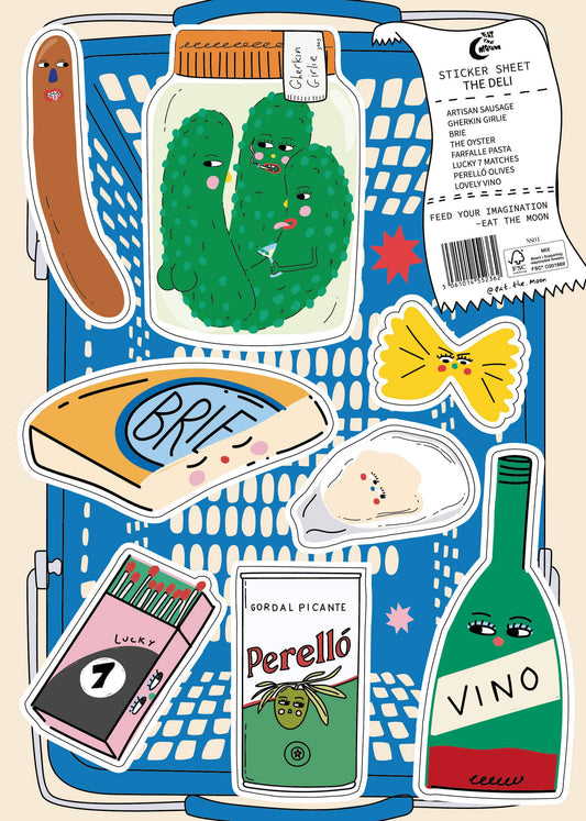 Eat the Moon The Deli A5 Sticker Sheet with illustrated deli treats