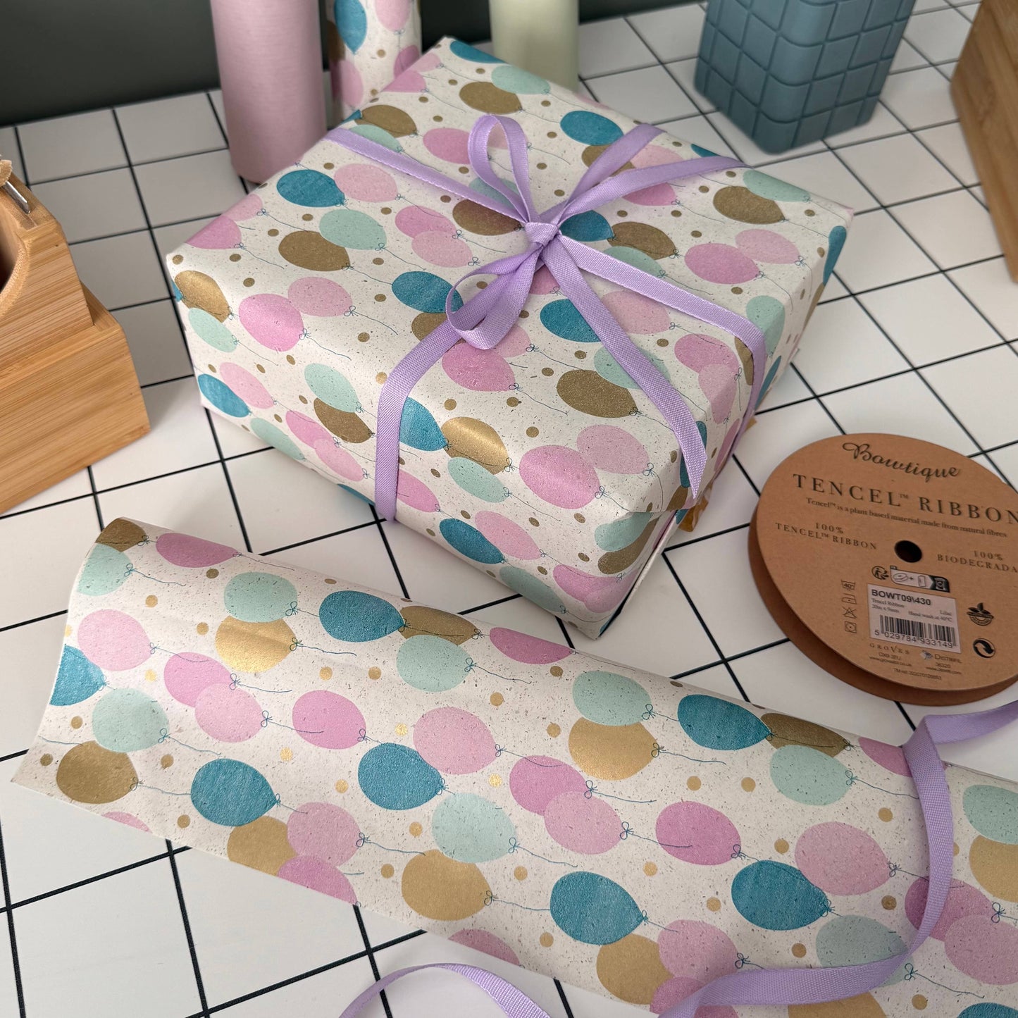 Balloons design on recycled grass gift wrapping paper roll