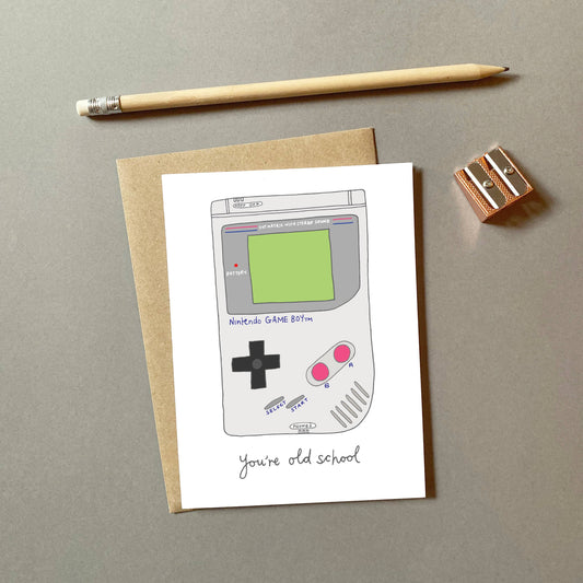 Close-up of funny Game Boy birthday card showing pixel art detail