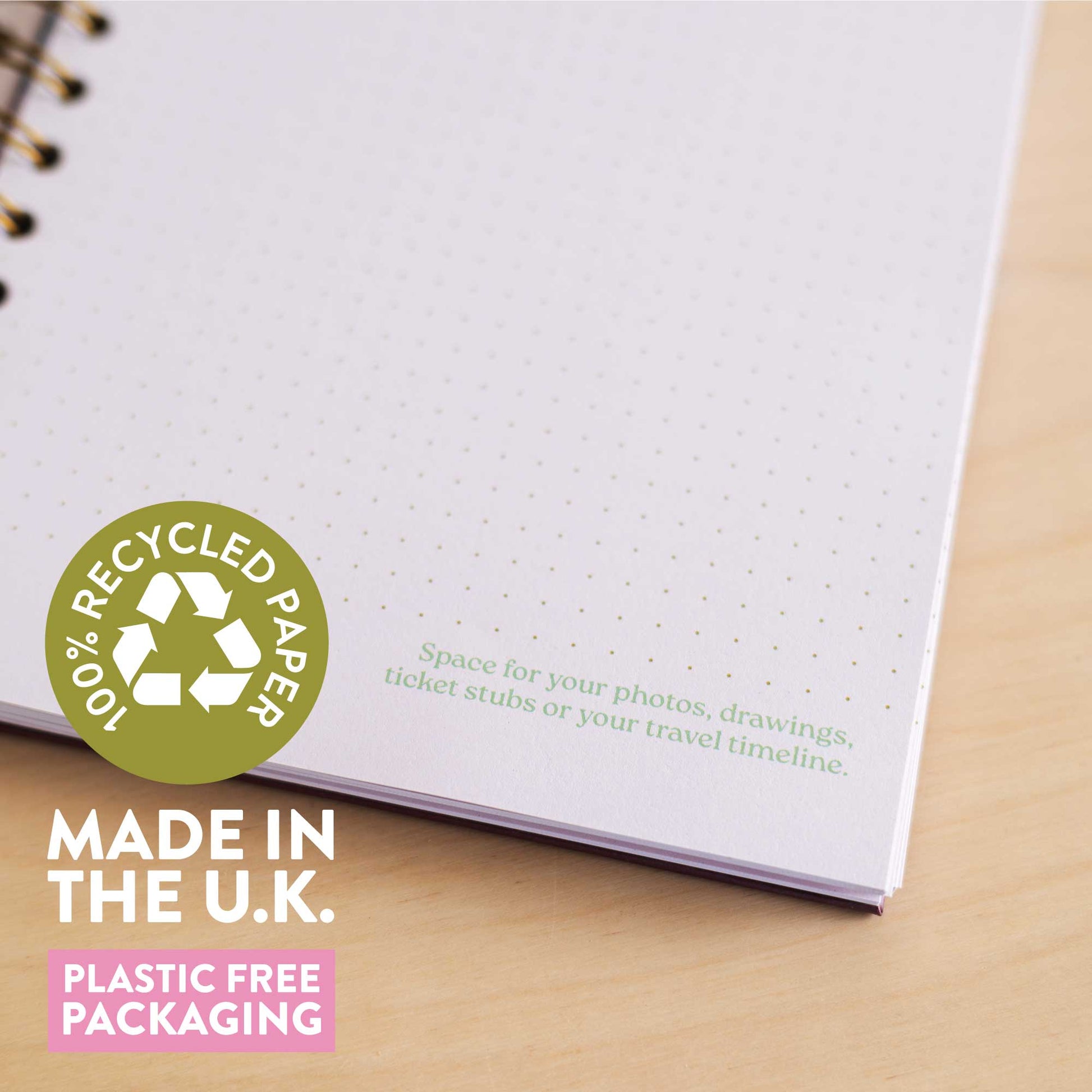 A5 Wanderlust Travel Journal open, showcasing durable wiro-binding and 120gsm recycled paper