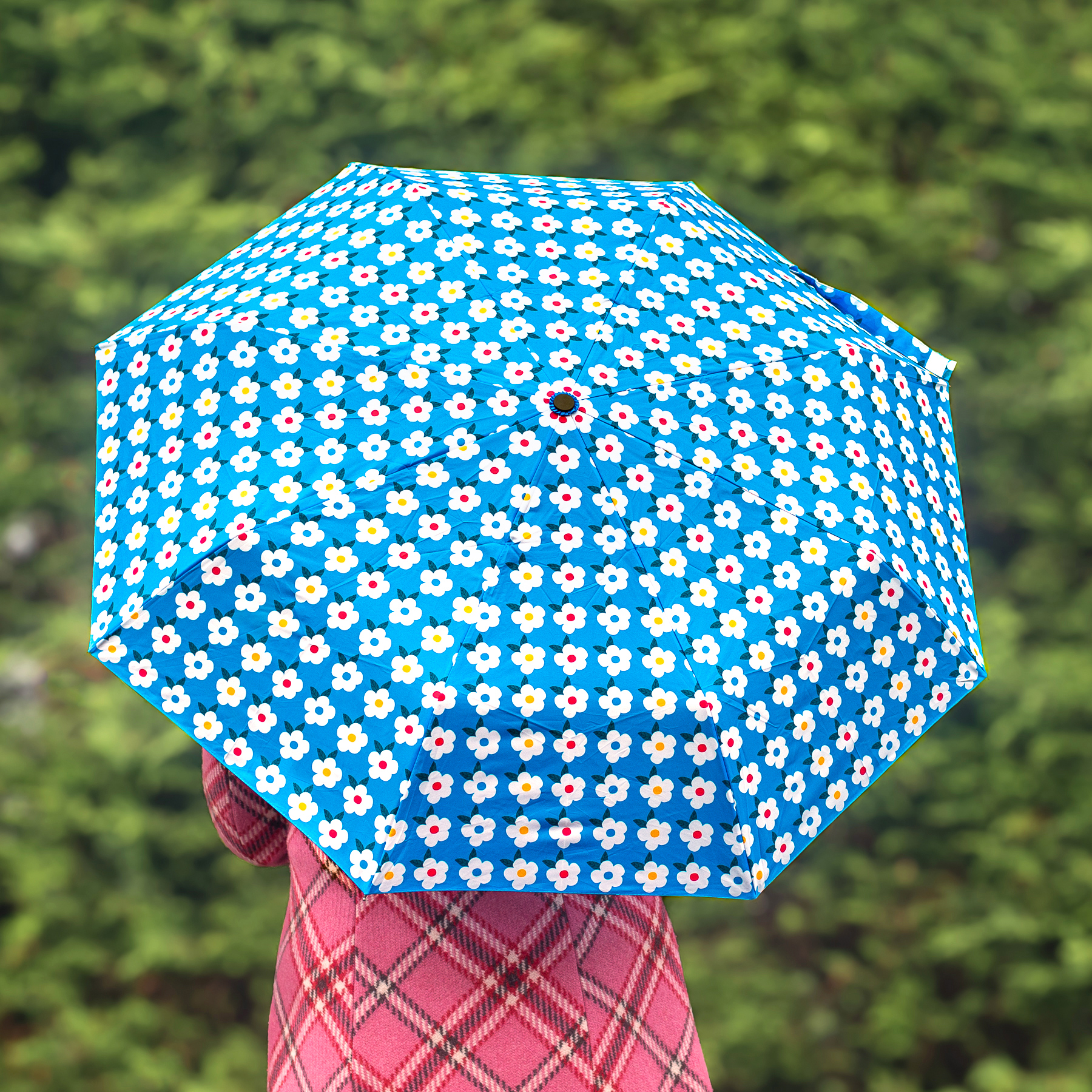 Folded blue floral umbrella with automatic open button