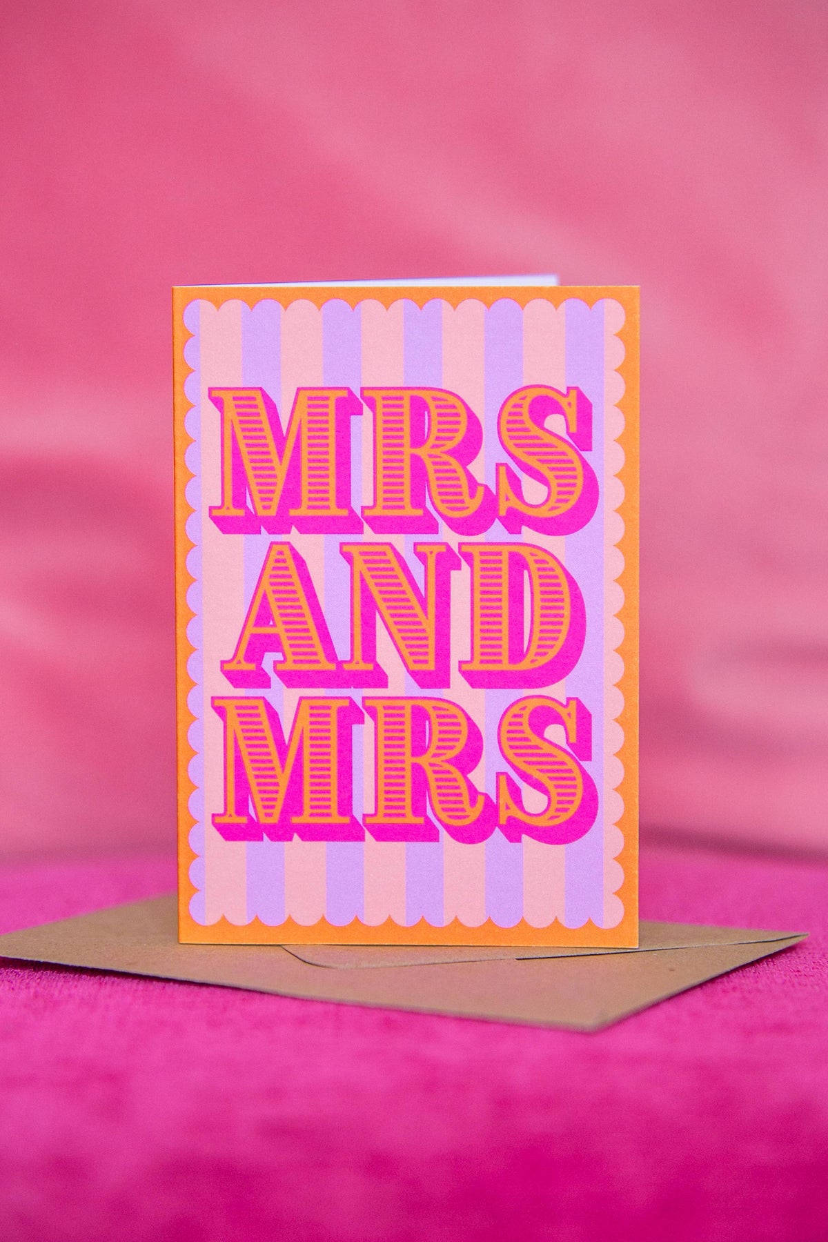 Colourful Mrs & Mrs wedding card with vibrant stripes