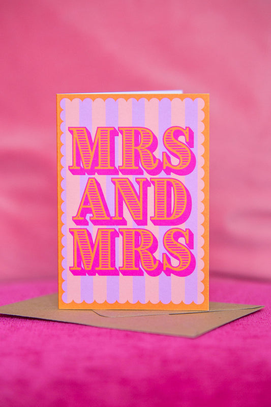 Colourful Mrs & Mrs wedding card with vibrant stripes