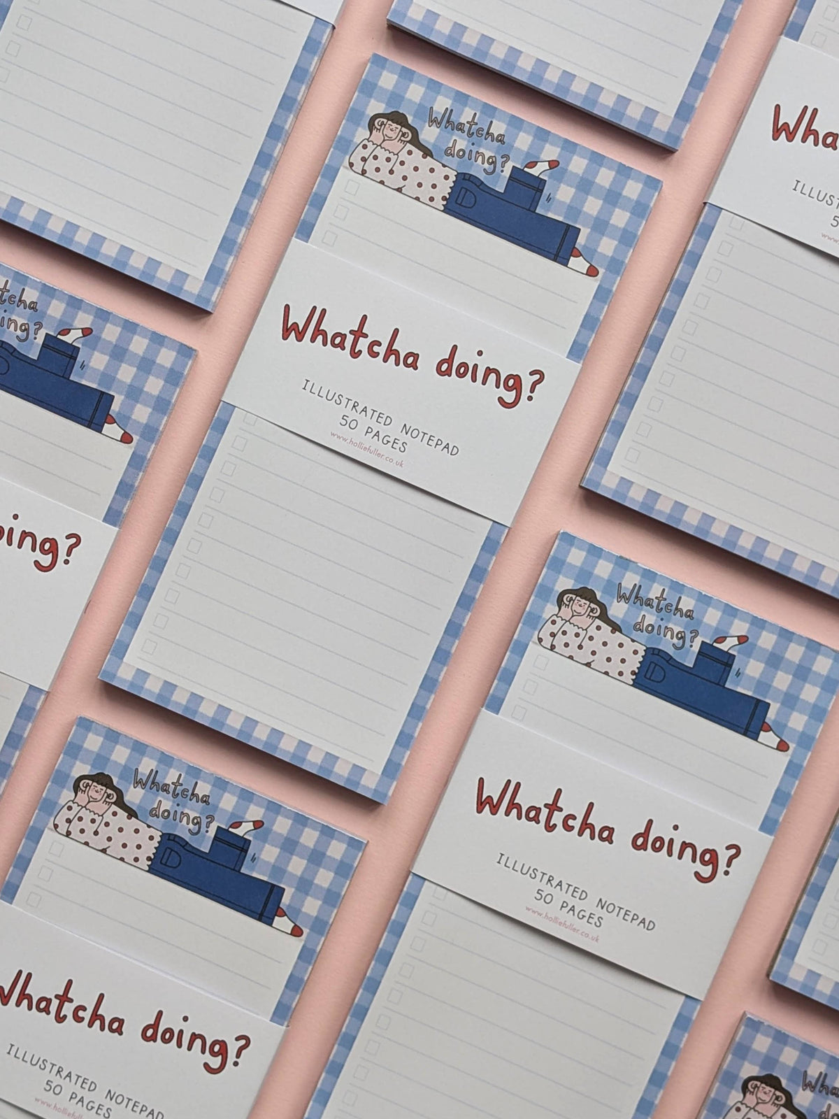 Eco-friendly DL size notepad with blue gingham background and tick boxes