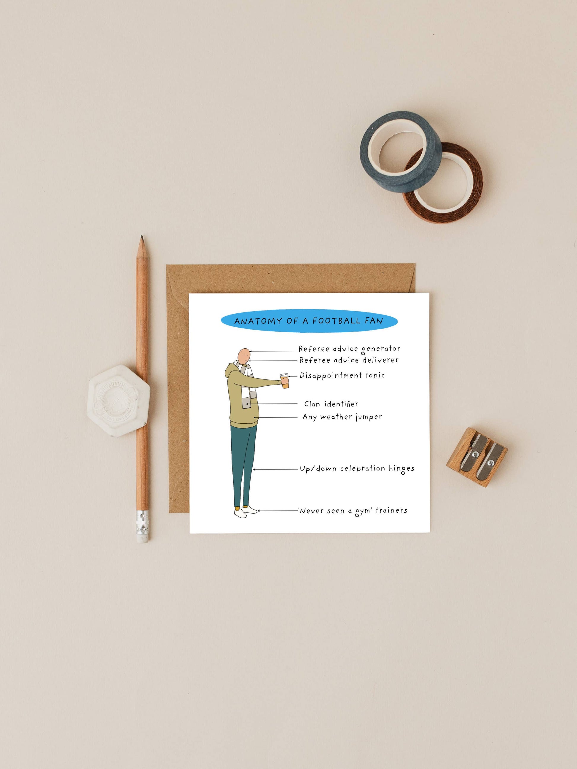 Funny football-themed greeting card printed on premium white card