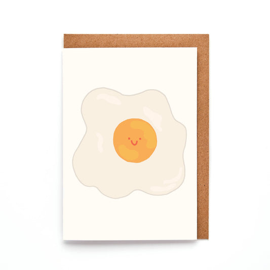 Fried Egg Mini Card with hand-drawn happy fried egg illustration, UK-made, sustainable 300gsm A7 Callisto Pearl paper