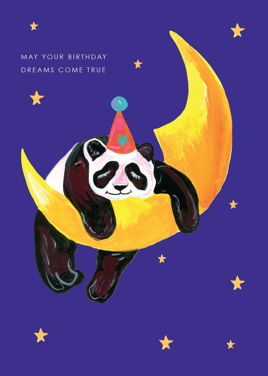 Recycled kraft envelope and detail of the 'Panda on Moon' birthday card, showing sustainable UK printing.