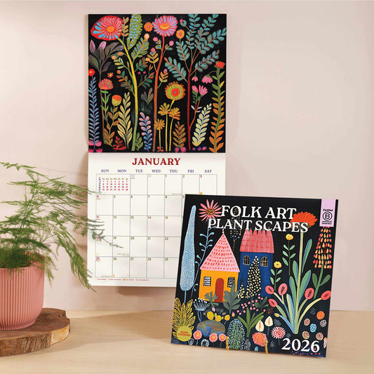 2026 Folk Art Plantscapes Wall Calendar by Good Tuesday—colourful botanical folk art, large grid, recycled paper, UK printed, ready for wall display.