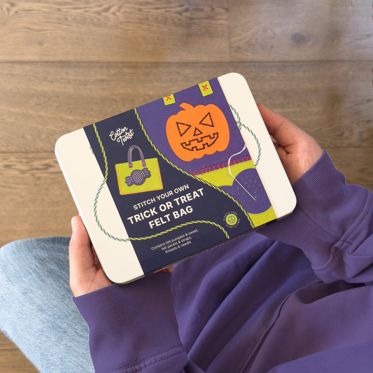 Stitch Your Own Halloween Trick or Treat Felt Bag Kit in keepsake tin