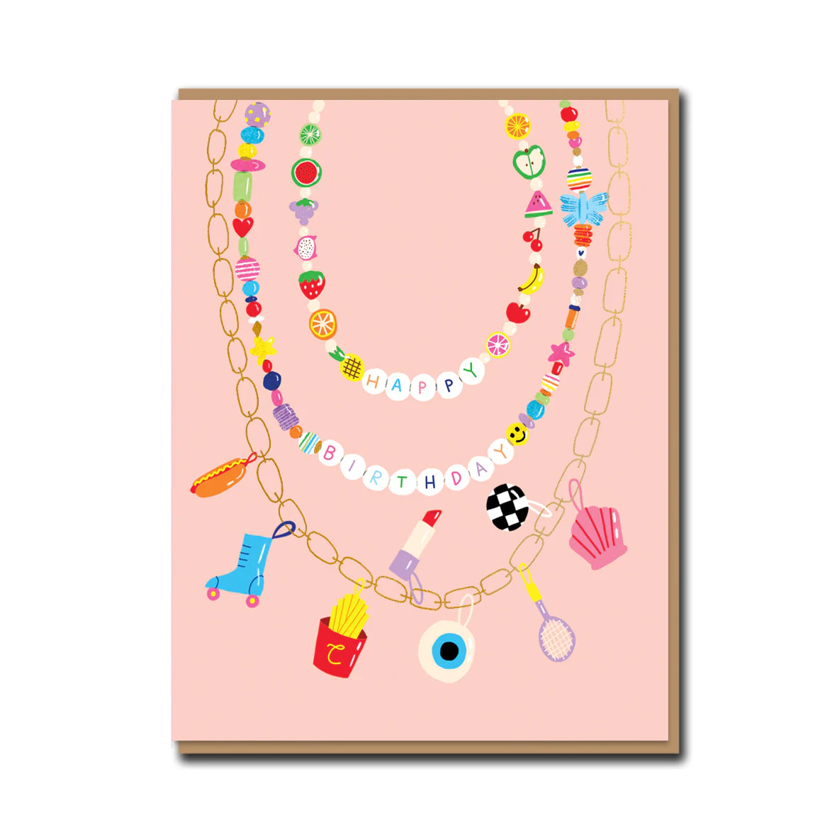 A colorful birthday card featuring a bead necklace design with various decorative items such as a shoe, apple, and pearl, on a pink background.
