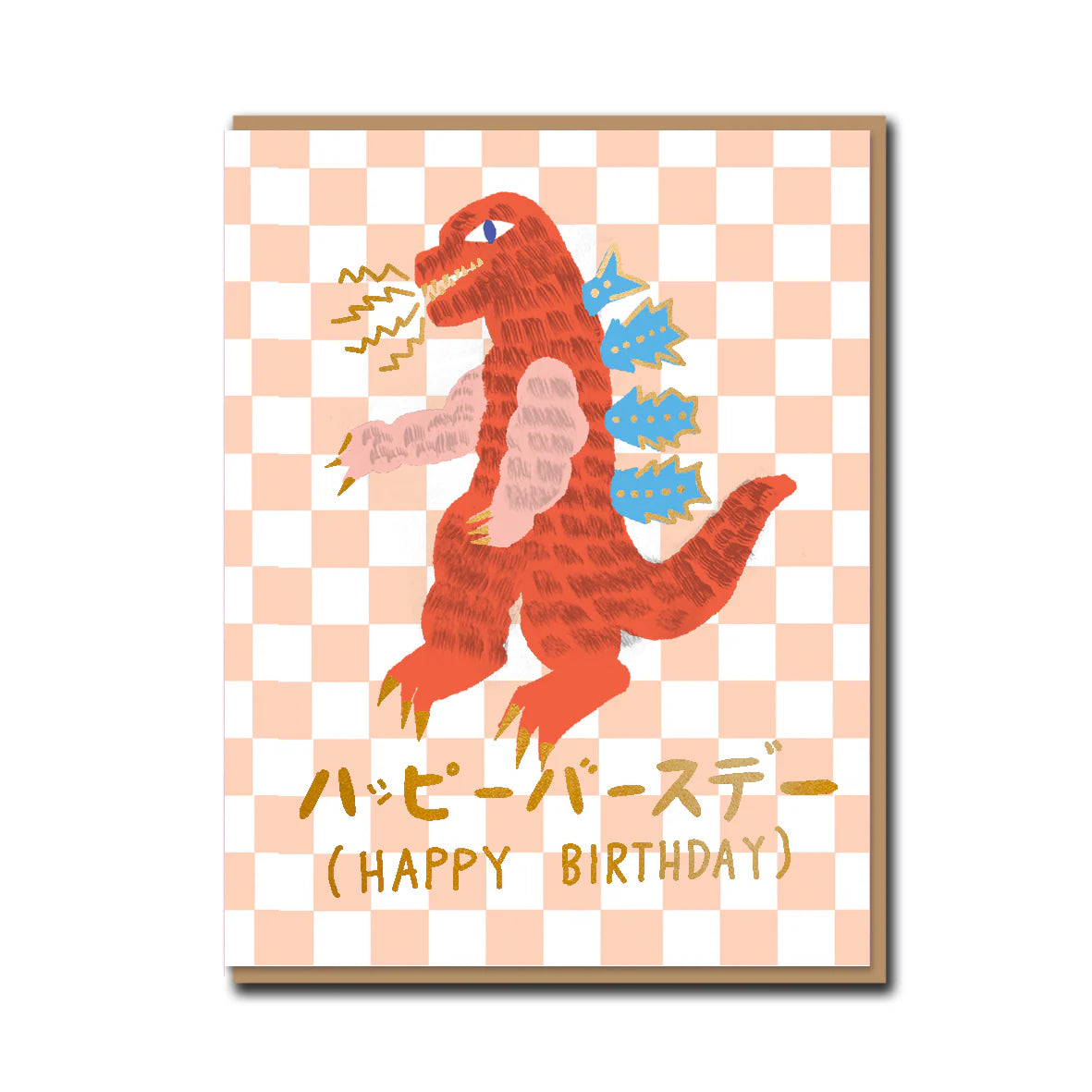 Birthday card with a monster illustration on a checkered. Kaiju Happy Birthday card by Carolyn Suzuki, featuring giant monster illustration, litho printed with gold foiling, kraft envelope, size 108mm x 140mm.background