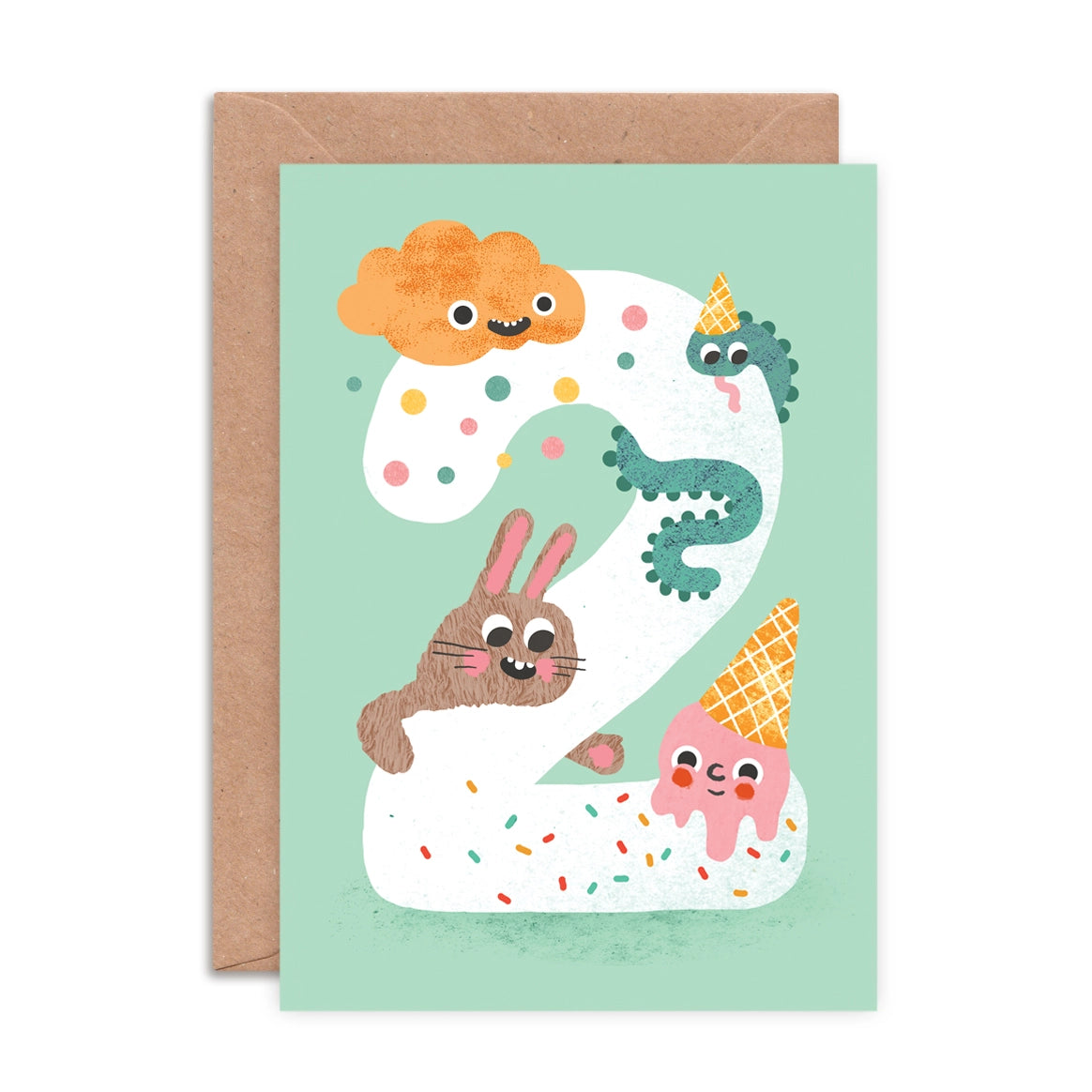 Children's Age 2 birthday card with cartoon characters on a light green background by Emily Nash. Made in the UK.