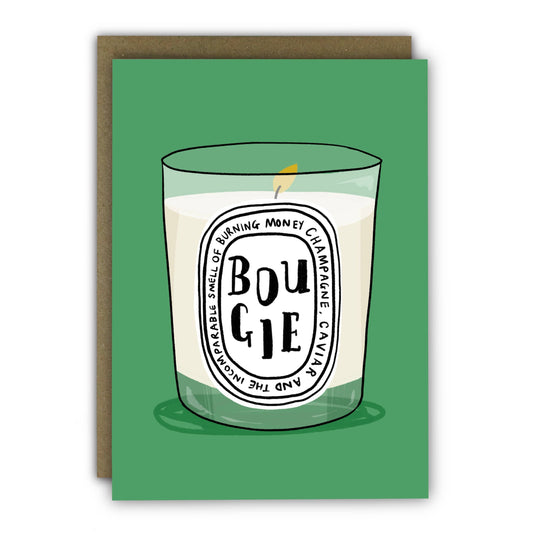 Funny “Bougie Birthday Posh Candle” birthday card—A6 size, hand-illustrated, premium lightly textured card, UK made, blank inside, kraft envelope.