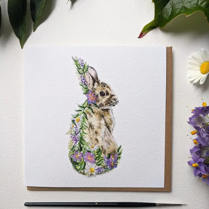 Watercolour Spring Floral Bunny Easter Card, UK MAde