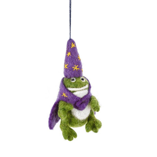 Close up of ethical hand-stitched felt wizard frog ornament