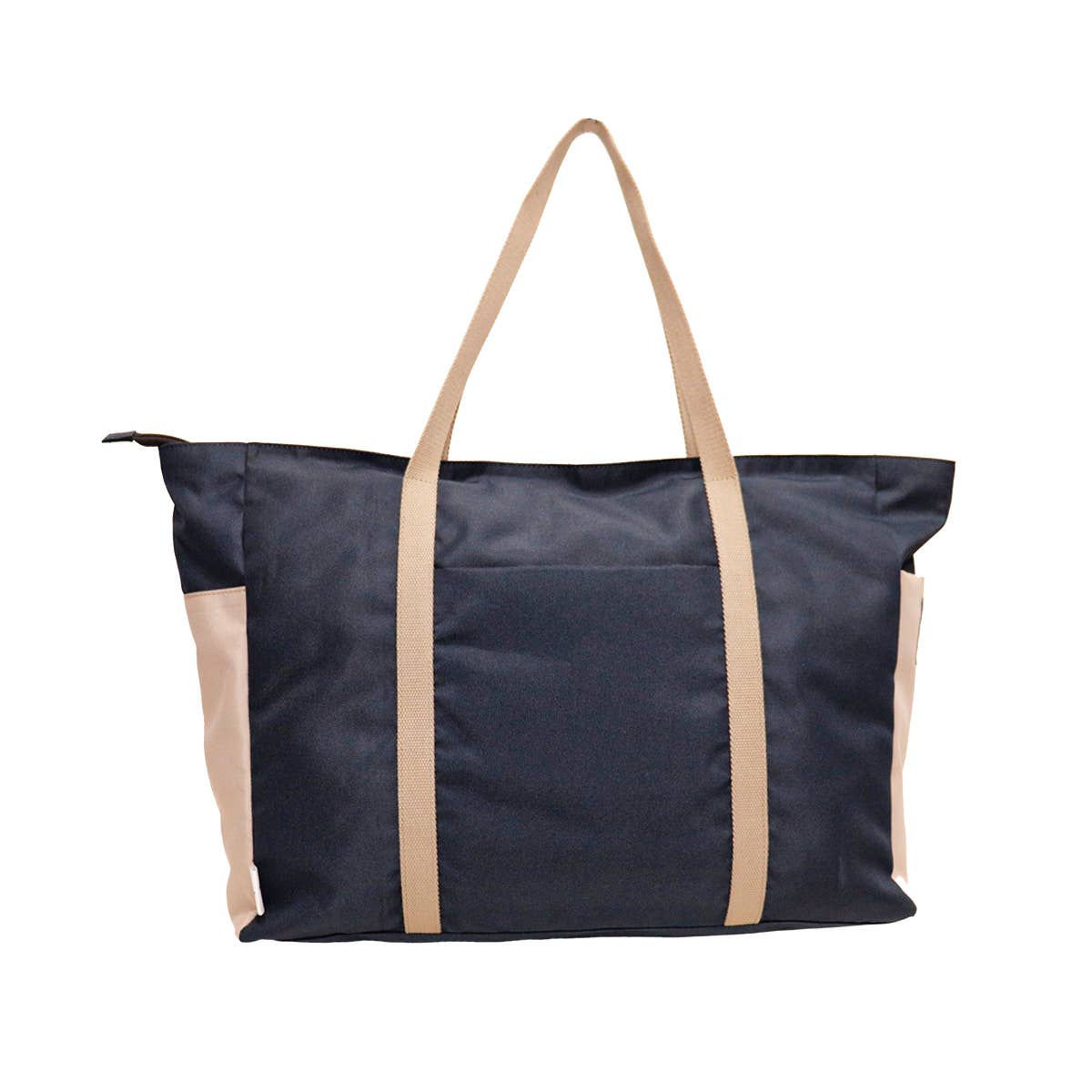 Flat lay of navy blue eco-friendly zipped shopper bag