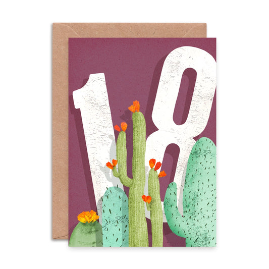 A6 birthday card featuring a colourful cactus illustration and ‘Eighteen’ caption by Emily Nash, printed on sustainable matte card with a recycled kraft envelope