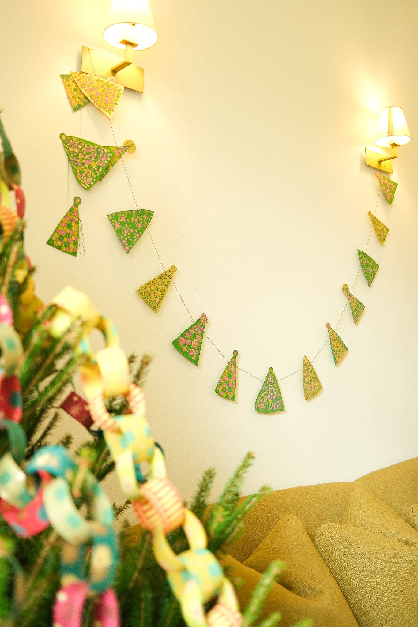 Vibrant sewn garland featuring midcentury tree motifs