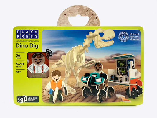 In in partnership with the Natural History Museum, discover the Dino Dig. Build the fossilised bones into a towering dinosaur, and study the finds in the mobile research lab. Contains 2 characters and a quad bike.

Made from our sustainably sourced FSC-certified Playboard, this playset is not only environmentally friendly, but also durable and long-lasting.

Great for engineering skills and storytelling