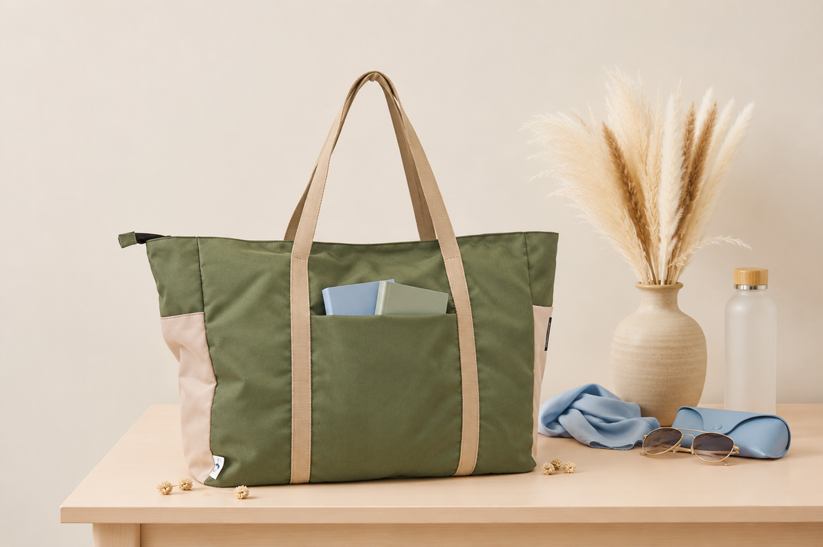 Close-up of secure zip-top closure on green shopper bag