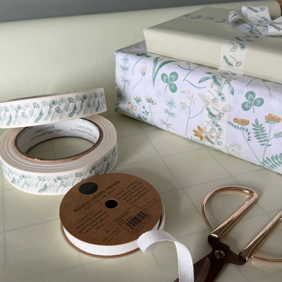 Green floral paper tape used on a gift parcel