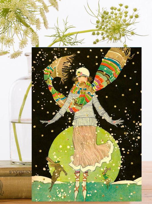 This vintage-inspired card from the 1930s showcases a sophisticated lady gliding gracefully on ice under the moonlight, surrounded by sparkling stars. She's dressed to impress, making for a truly elegant and enchanting scene. Christmas Card.