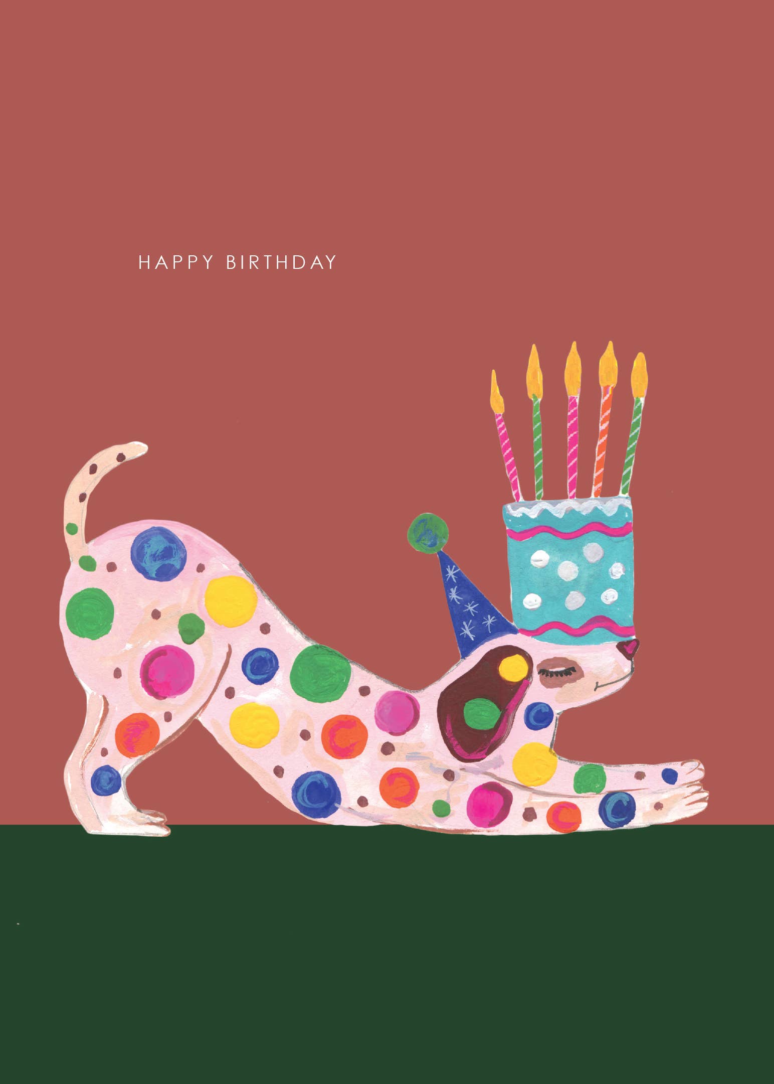 Hand-illustrated spotty dog and cake birthday card, “HAPPY BIRTHDAY” text, 5x7”, sustainable, UK made, with recycled kraft envelope.