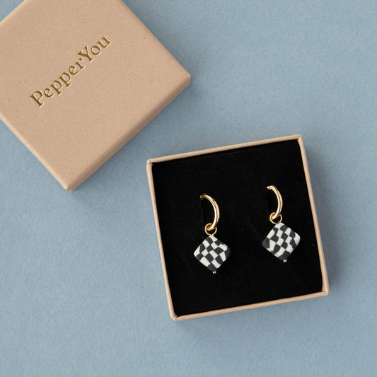 Pair of Bits Diamond Clay Charm Hoop Earrings, with a 1.5cm diameter, featuring a unique monochrome checkerboard design.