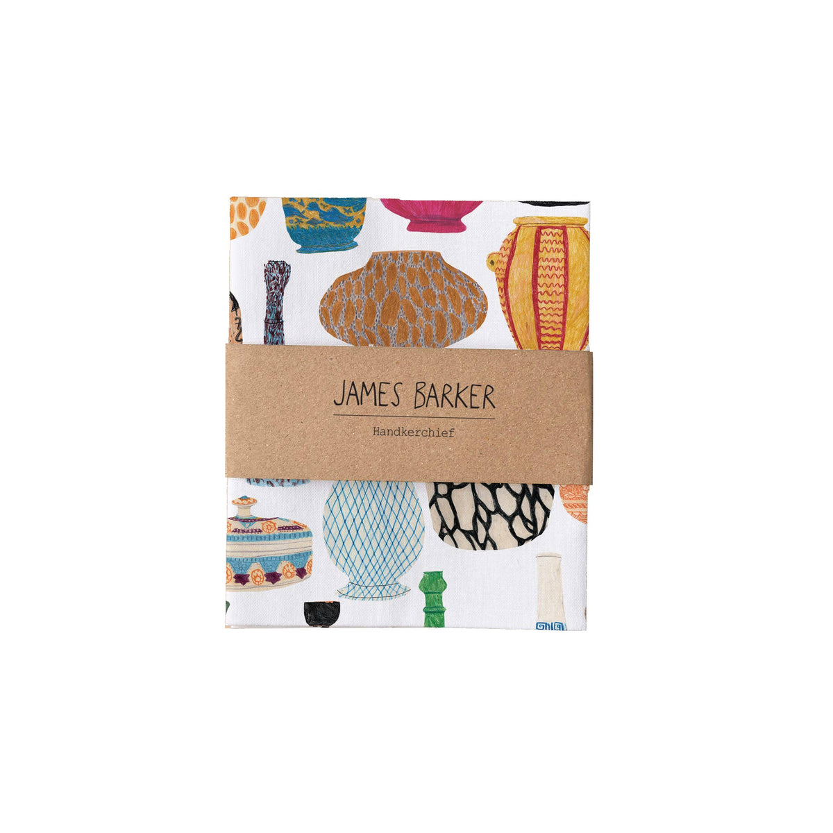 Close-up of illustrated ceramic vases pattern on cotton handkerchief